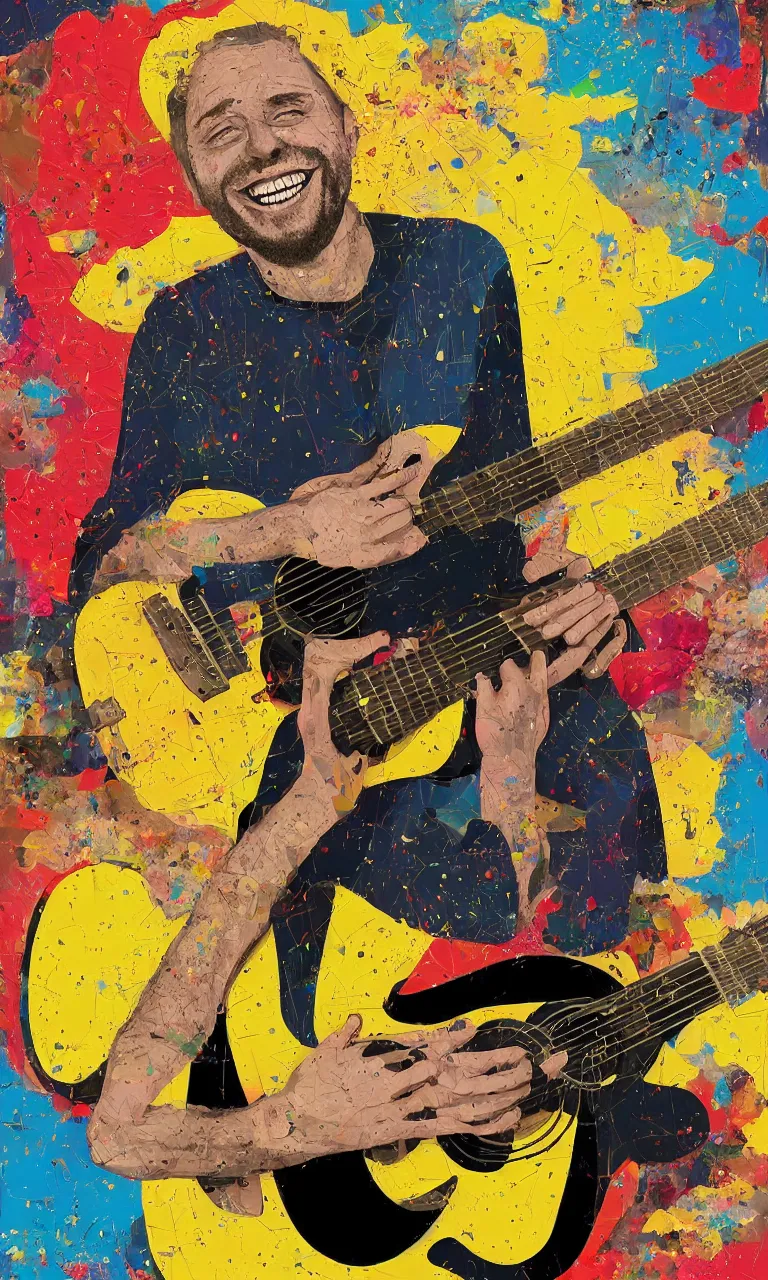 Image similar to random smiling funny guy with guitar, pop art, aesthetic art, 8 k, asymmetrical, high details, digital painting, concept art, smooth, beautiful, full body perfect, sharp focus, illustration, intricate, art by arstation and mimmo rotella, pixels art by paul robertson