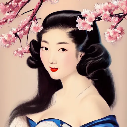 Image similar to pin - up portrait of a beautiful young traditional korean woman, pretty long hair, cherry blossoms, intense flirting, showing curves, symmetrical face, digital art, smooth, extremely detailed, model pose, intense look, dream, gorgeous young model, traditional beauty, pretty, by wu bayard, by gil elvgren, by ralph horsley, by hanks steve