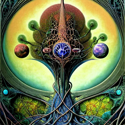 Prompt: divine chaos engine by roger dean and andrew ferez, tree of life, symbolist, visionary, art forms of nature by ernst haeckel, art nouveau, botanical organic fractal structures, surreality, detailed, realistic, deep rich moody colors