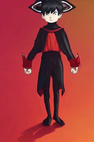 Image similar to little boy with cat ears in an black outfit with red cape. digital artwork made by lois van baarle and kentaro miura, sharpness focus, inspired by hirohiko araki, anatomically correct, heroic composition, hero pose, smooth, night city, illuminati