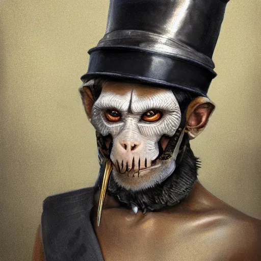 Prompt: photorealistic painting of an attractive monkey with a top hat, partially clothed in metal-plated battle armor, olive skin, long dark hair, beautiful bone structure, symmetrical face, perfect eyes, intricate, elegant, digital painting, concept art, illustration, sharp focus, minimal artifacts, from Metal Gear, in the style of Ruan Jia and Mandy Jurgens, by Greg Rutkowski, trending on Artstation, award winning