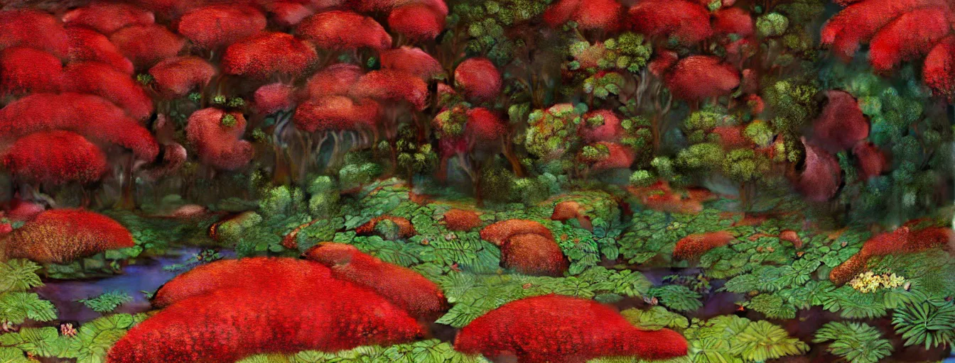 Image similar to a gorgeous very early spring series of lush islands separated by flower - lined streams, twisted gardens, flowers, fern fronds, all red, painting by barlowe wayne maxfield parrish and marco mazzoni. very little light verdancy. ultra clear detailed. all foliage is red. 3 d, octane render