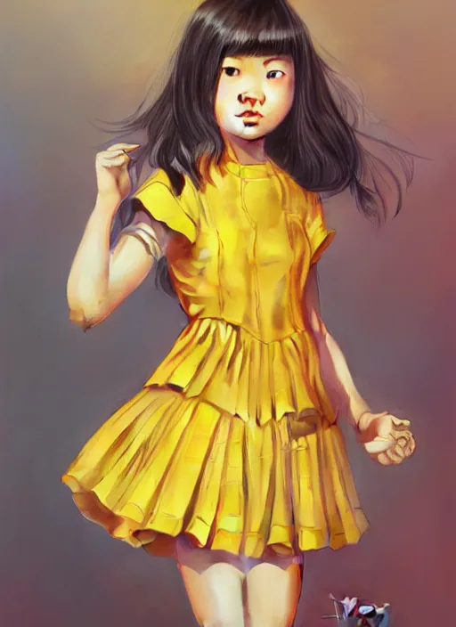 Image similar to photo of a cute young asian girl wearing a yellow honey dress in the style of stefan kostic, realistic, sharp focus, 8 k high definition, insanely detailed, intricate, elegant, art by stanley lau and artgerm