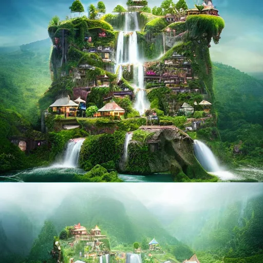 Image similar to waterfall village, by benoit mandelbrot, filip hodas, vincent callebaut, and mike campau