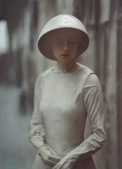 Prompt: medieval helm, motion blur!!, out of focus!! photorealistic portrait of a beautiful pale woman by saul leiter, translucent white skin, closed eyes, foggy, pale lips