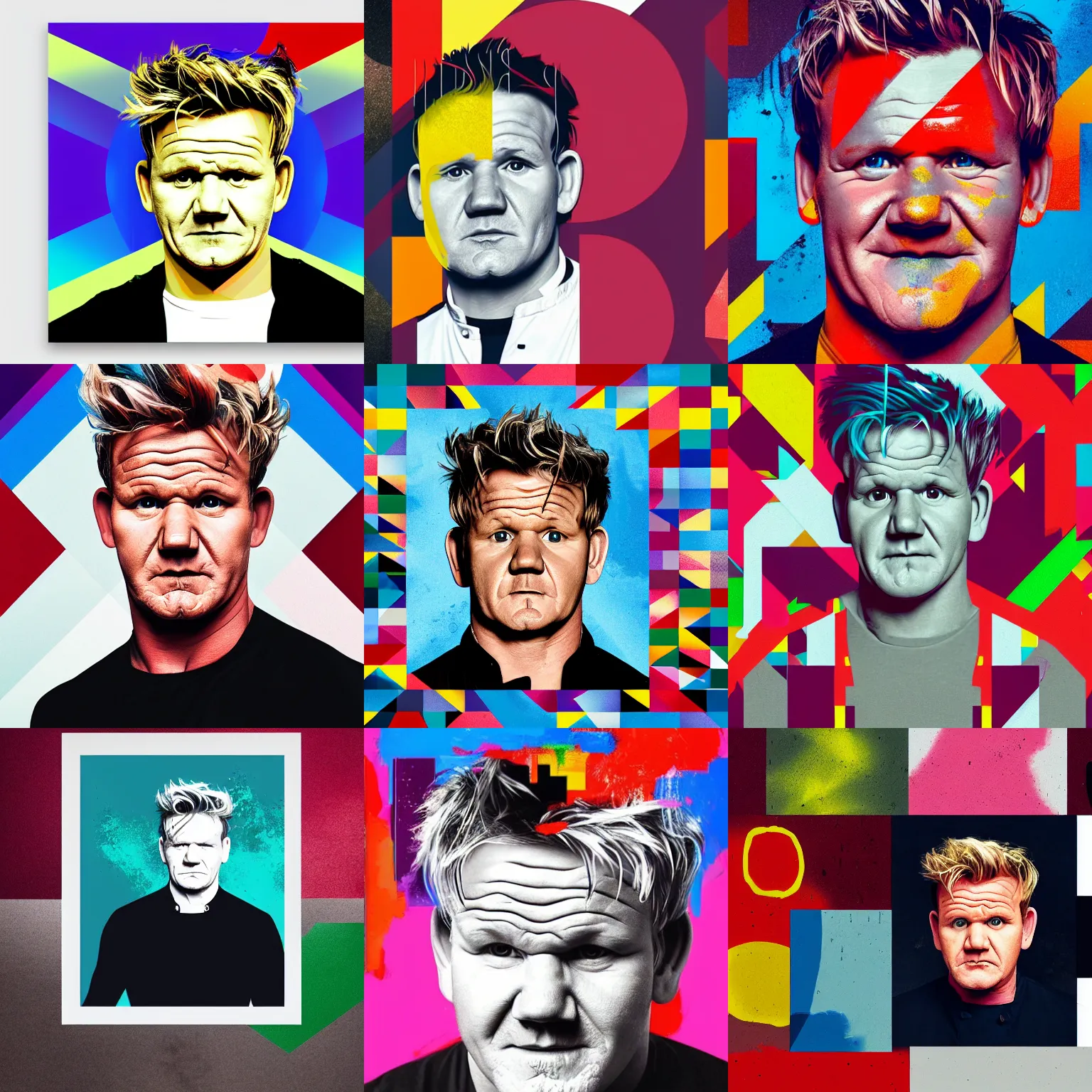 Image similar to A portrait of Gordon Ramsay, geometric shapes, rounded corners, candy colors, spray paint, bold graphics