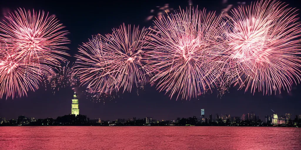 Image similar to amazing fireworks, view from ellis island, 4 th of july. sony a 7, f / 2. photography. photorrealism. high quality. high fidelity.