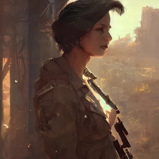 Prompt: fallout 5, charismatic beautiful rugged brunette female protagonist, portrait, outdoors tropical cityscape, atmospheric lighting, painted, intricate, volumetric lighting, beautiful, daytime, sunny weather, few clouds, sharp focus, deep colours, ultra detailed, art by krenz cushart and wenjun lin