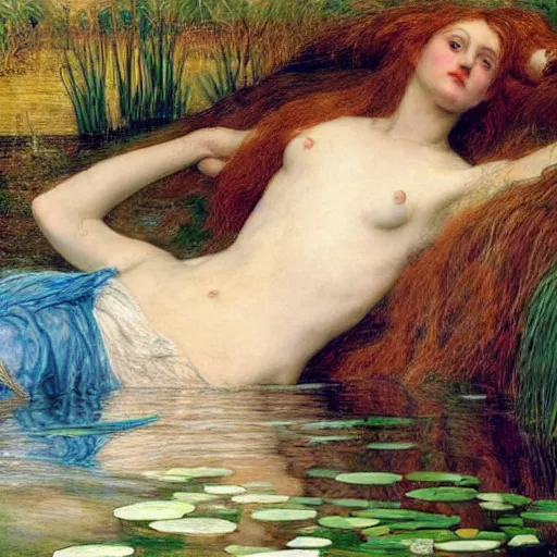 Image similar to breathtaking masterpiece of art, elizabeth eleanor siddall as ophelia floating on the water in wet flowing clothes amongst the reeds by william holman hunt and rosetti, 8 k