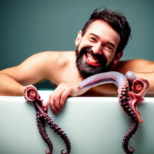 Prompt: photo of a smiling man relaxing on a bath tub hugged by an octopus, 4 k, very detailed, direct gaze, face accuracy, dramatic lighting, dark vibrant colors