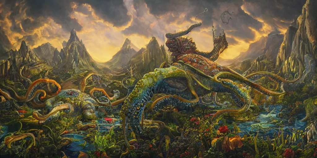 Image similar to fantasy oil painting, great leviathan, cybernetic turtle cephalopod terrapin reptilian pachyderm squid, bella hadid, hybrid, milla jovovich, anubis, epic natural light, lush plants flowers, spectacular mountains, bright clouds, luminous sky, outer worlds, golden hour, michael cheval, edward hopper, michael whelan, vray, hd