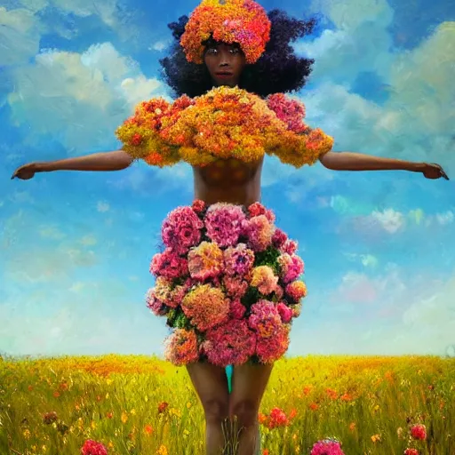 Prompt: afro made of flowers, full body, girl standing in the middle of a field with flowers, surreal photography, hills, big trees, sunrise dramatic light, impressionist painting, colorful clouds, digital painting, pointillism, artstation, simon stalenhag