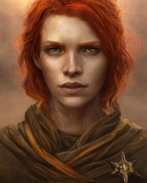 Prompt: the elder scrolls vi, charismatic rugged female redhead breton mage portrait, illustration, rim light, top light, perfectly shaded, golden hour, epic, intricate, soft painting, art by leesha hannigan, ross tran, thierry doizon, kai carpenter, ignacio fernandez rios