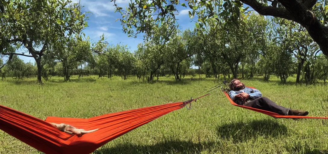 Image similar to Dutch Van Der Linde from Red Dead Redemption 2 sleeping in a hammock, a field of mango trees in the background