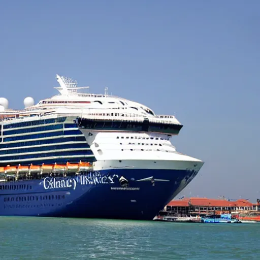 Prompt: the world's largest cruise ship sits docked in venice