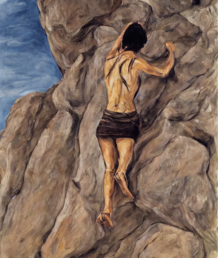 Image similar to indigenous woman climbing rocks, painted by lucian freud, hd, super detailed, realistic, muted colors