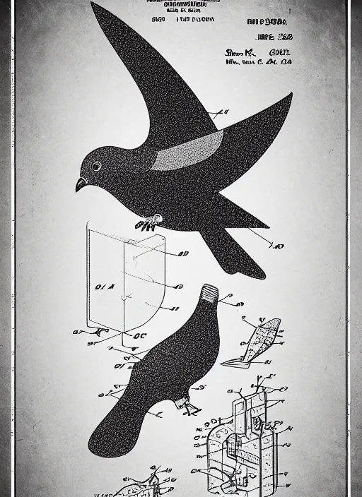 Image similar to a graphic design poster of the isometric detailed blueprint of the pigeon in space, patent illustration, no text 1 9 9 0, poster design, japan graphic comics manga art illustration, silkscreen risograph, greyscale monochrome