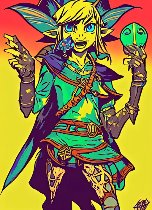 Image similar to fierce diety link from legend of zelda majoras mask!! portrait illustration, pop art, splash painting, art by geof darrow, ashley wood, alphonse mucha, makoto shinkai