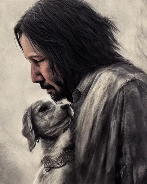 Image similar to keanu reeves as a ghost with his dog, hyper realistic face, beautiful eyes, fantasy art, in the style of greg rutkowski, intricate, hyper detailed, smooth