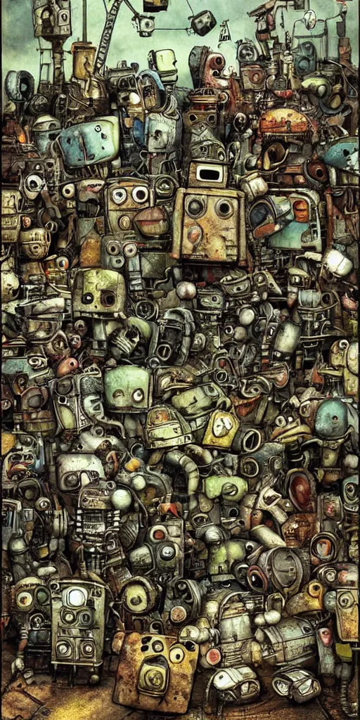 Prompt: a robot junkyard scene by alexander jansson