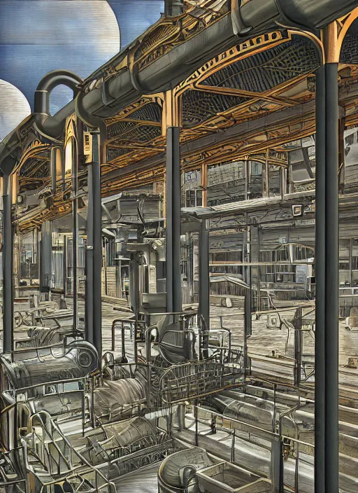 Prompt: photorealistic image of a industrial architecture, art nouveau, by chris moore