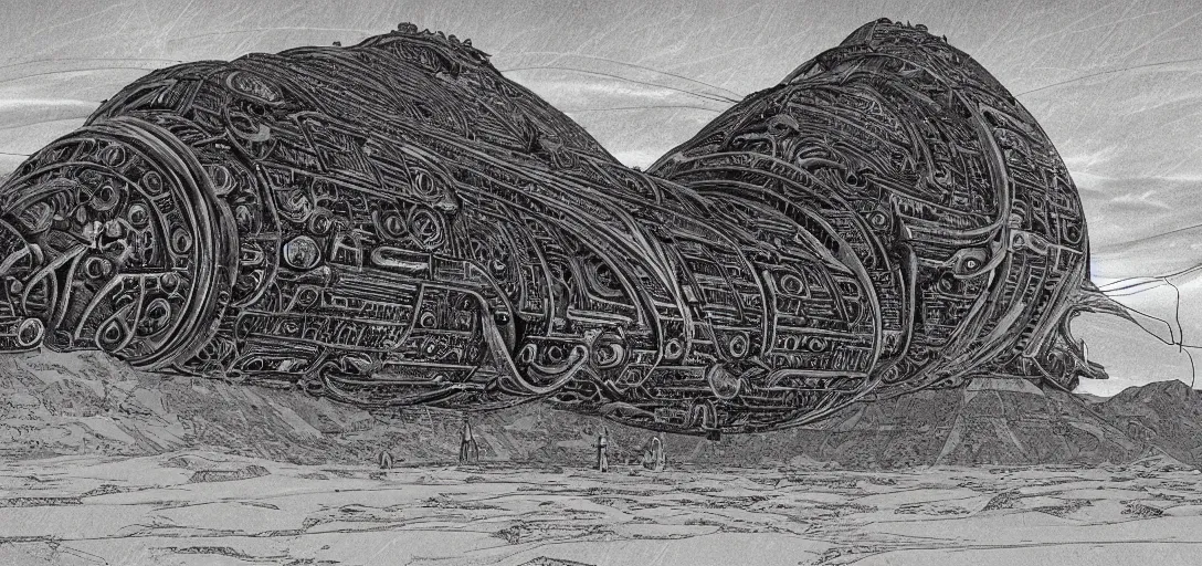 Image similar to Dune spaceship by H.R. Giger taking off from Machu Picchu hidden city, pen and ink, photographic reality, hyperreal , complete scene, ornate, details, smooth, sharp focus, illustration, realistic, cinematic, artstation, award winning, rgb, ethereal blue lighting, biomechanical mask. bio luminescent biomechanical, halo, jellyfish. , unreal engine, octane render, cinematic light, iridescent details, iridescent colors, dichroic, macro, depth of field, blur, 8K,