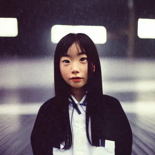 Image similar to 1990s perfect 8K HD professional cinematic photo of close-up japanese schoolgirl posing in dystopian hangar, at evening during rain, at instagram, Behance, Adobe Lightroom, with instagram filters, depth of field, taken with polaroid kodak portra