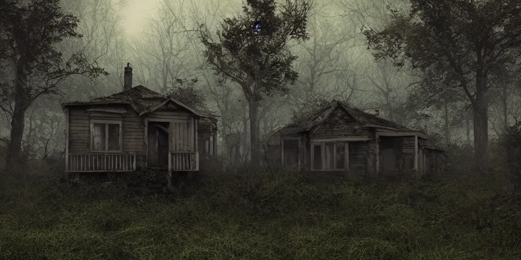 Image similar to photorealistic, ruined english bungalow at night, overgrown vegetation, in the forest, apocalypse, very dark, fog, skinny evil creatures, hell scape, horrifying, hyperrealistic, grimdark, artstation