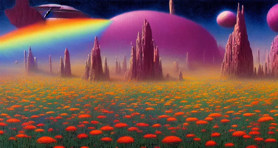 Image similar to a beautiful cinematic view of a large 3 d mystical alien shrine in a field of rainbow colored flowers, underneath a star filled night sky, harold newton, zdzislaw beksinski, donato giancola, warm coloured, gigantic pillars and flowers, maschinen krieger, beeple, star trek, star wars, ilm, atmospheric perspective