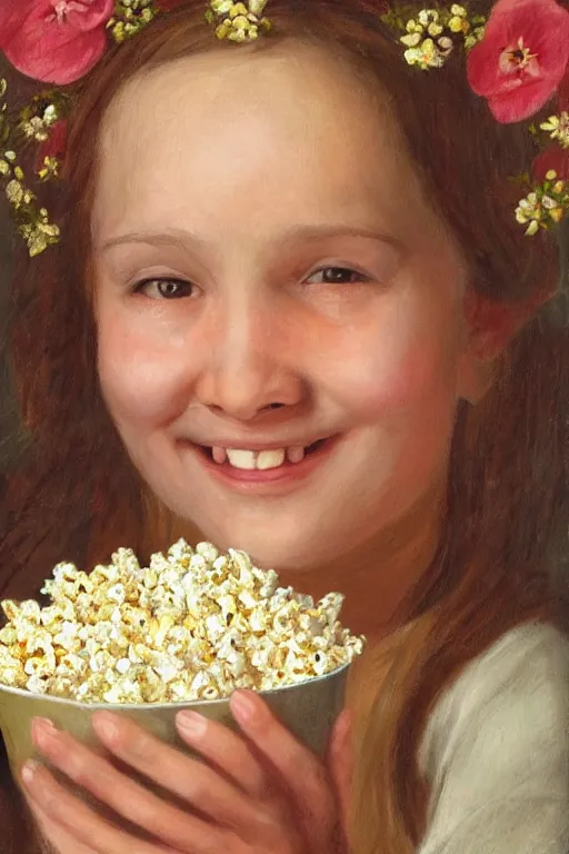 Image similar to portrait ancient of a happy girl, lots of flowers and popcorn around, hyperrealistic, medieval style