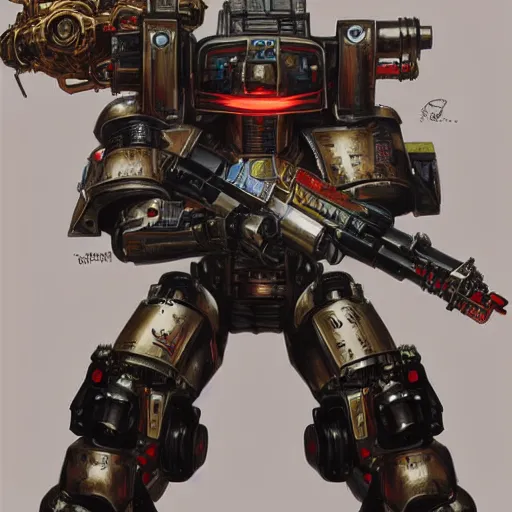 Image similar to cyborg mecha anthropomorphic shiba inu wearing warhammer 4 0 k emperor armor, realistic scifi cyberpunk, holding scifi neon laser gatling gun, portrait art by donato giancola and greg rutkowski, realistic face, digital art, trending on artstation, symmetry