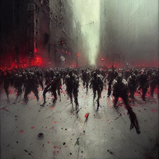 Image similar to horde of zombies in downtown new york, highly detailed painting by jeremy mann and beksinski