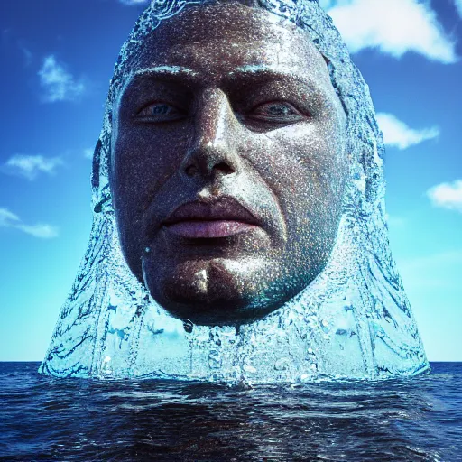 Prompt: a giant water sculpture of a human head on the ocean water, cinematic, in the style of chad knight, long shot, hyper detailed, hyper realistic, ray tracing, 8 k resolution, sharp focus, realistic water, award winning