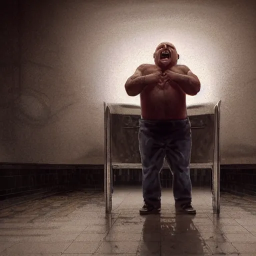 Image similar to hyperrealistic mixed media high resolution image of Danny DeVito angrily screaming into a urinal, stunning 3d render inspired art by István Sándorfi and Greg Rutkowski and Unreal Engine, perfect symmetry, dim volumetric lighting, 8k octane beautifully detailed render, post-processing, extremely hyper-detailed, intricate, epic composition, highly detailed attributes, highly detailed atmosphere, full body shot, cinematic lighting, masterpiece, trending on artstation, very very detailed, masterpiece, stunning, flawless structure, lifelike texture, perfection,