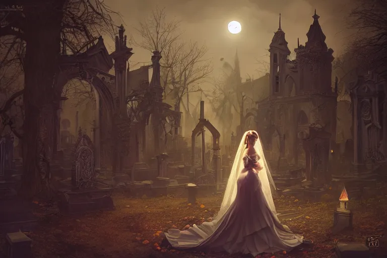 Prompt: an ultra detailed animation of a bride a graveyard at midnight on halloween, digital art, dark fantasy, concept art, soulslike, by alphonse mucha, blood moon eclipse, ruined building in the background, artstation, 8 k, unreal engine render