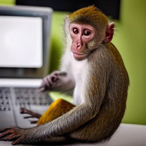 Image similar to award winning photo of a monkey curiously looking at a laptop. Studio photography