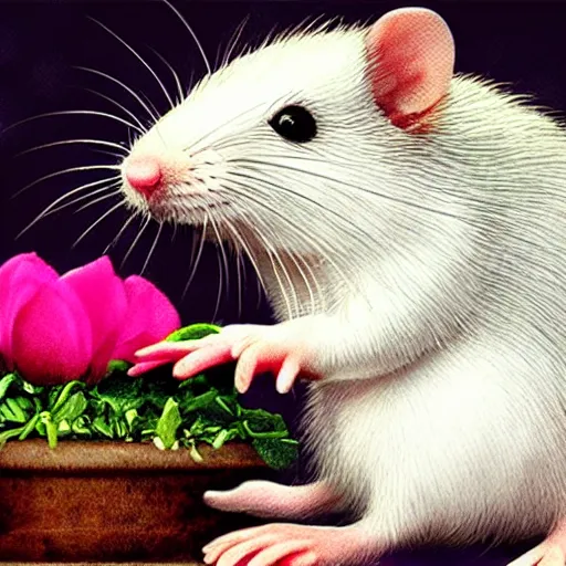 Image similar to photo realistic white rat holding a flower cinematic composition, hyper realism, cute