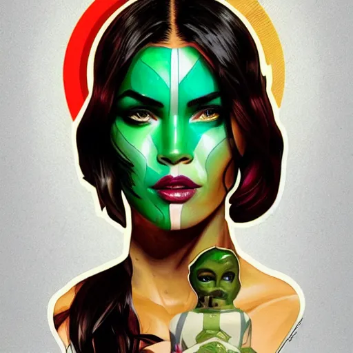 Image similar to Megan Fox as gamora (Guardians of the Galaxy) by Sandra Chevrier, Alphonse Mucha, beeple, Pi-Slices and Kidmograph, beautiful digital illustration