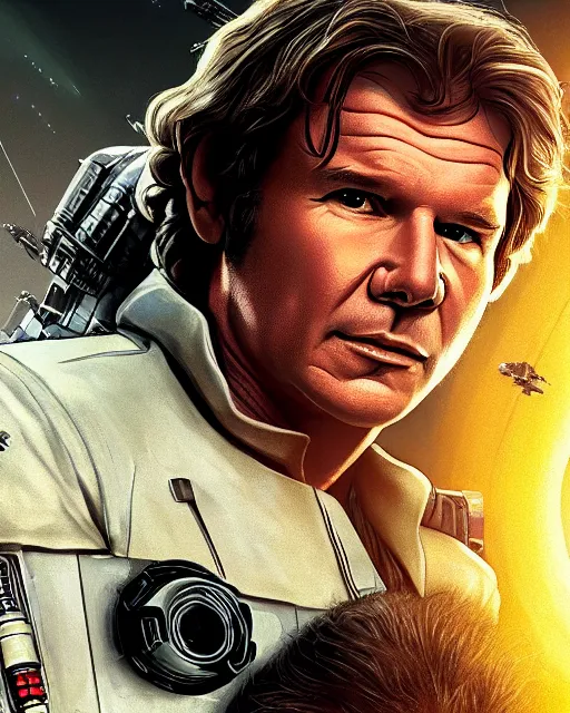 Image similar to portrait of han solo on the millennium falcon, harrison ford,, star wars, gta v, hyper realistic, ambient lighting, concept art, intricate, hyper detailed, smooth, action, volumetric lighting, george lucas, arney fretag, ralph mcquarrie, octane