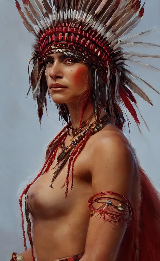 Image similar to gorgeous redskin woman wearing headdress, intricate, elegant, highly detailed, artstation, concept art, smooth, sharp focus, illustration, art by stefan kostic and greg rutkowski