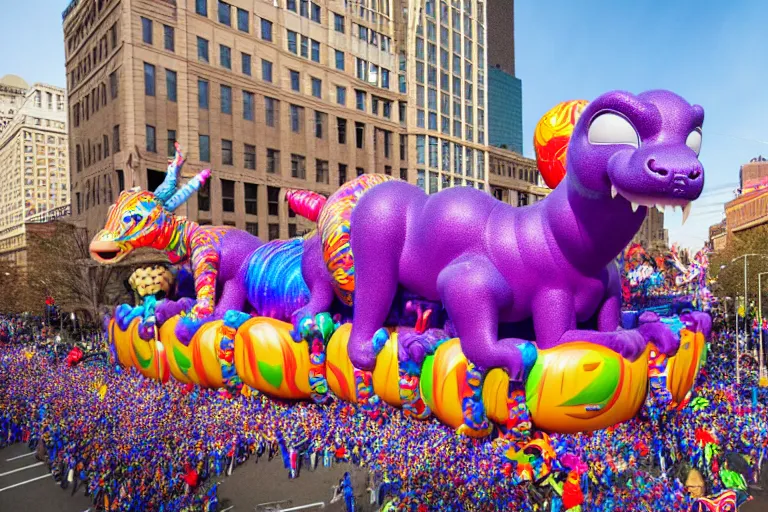 Image similar to photo of giant elaborate parade float designed by geoff darrow!!!! and ( ( ( ( ( ( lisa frank ) ) ) ) ) ), in the macys parade, detailed 4 k photo