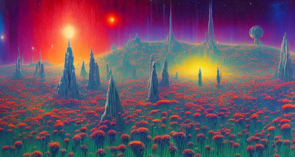 Image similar to a beautiful up close view of a 3 d mystical alien shrine in a field of multicolored colored flowers, underneath a star filled night sky, harold newton, zdzislaw beksinski, donato giancola, warm coloured, gigantic pillars and flowers, maschinen krieger, beeple, star trek, star wars, ilm, atmospheric perspective