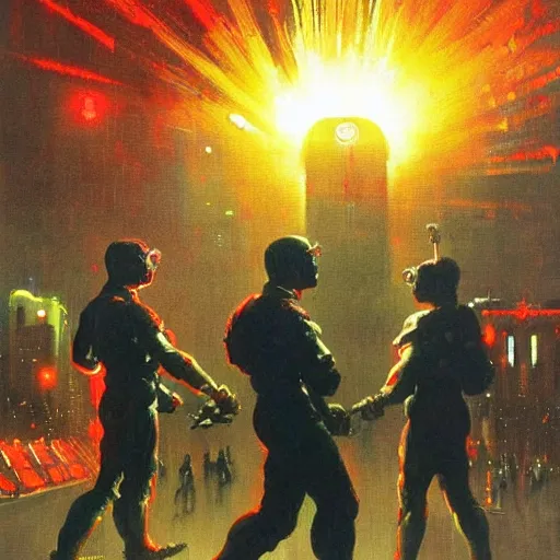 Image similar to a dark and colorful close - up of a sci - fi 4 th - of - july independence day with led lights glowing fog in the background. highly detailed science fiction painting by norman rockwell, frank frazetta, and syd mead. rich colors, high contrast, gloomy atmosphere, dark background. trending on artstation