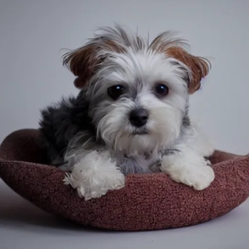 Image similar to white yorkiepoo sitting in a pile of mochi, realistic, hd