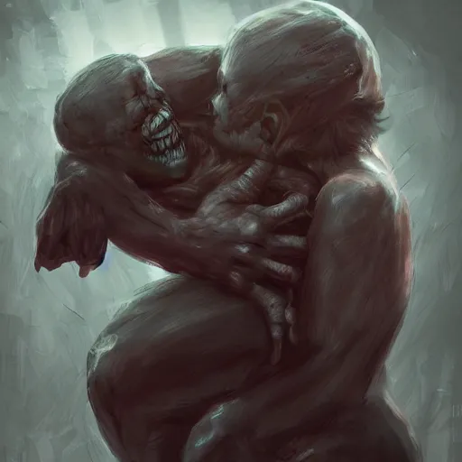 Image similar to a huge frightening monster cradling a person in its arms, digital art, trending on artstation