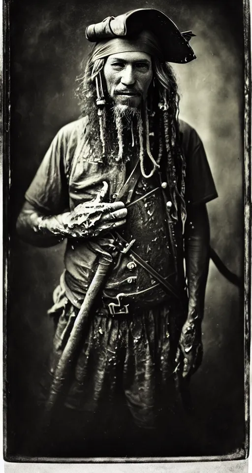 Image similar to a wet plate photograph, a portrait of an old pirate