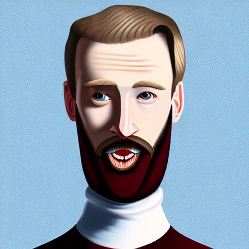 Prompt: A gangly british man, with short blond hair and short beard wearing a corduroy jacket and turtleneck , blue eyes, pale skin, English heritage, digital art, cartoon, mid-shot, 8k