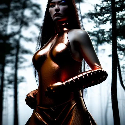 Image similar to highly detailed, ultra realistic, cinematic, woman full body with a copper nose and copper claws, high detail, 8 k, sharp focus, movie still, dramatic lighting, ray tracing, smooth, a female evil demonic character of kazakh mythology, jeztyrnak, standing in the night forrest