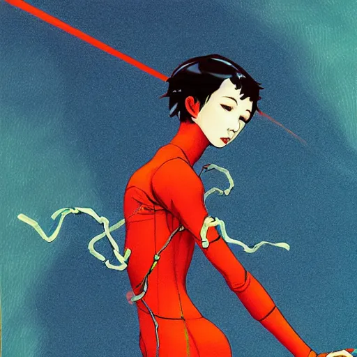 Prompt: thin androgynous girl with boy's body in catsuit. illustration by james jean and satoshi kon and erik jones, inspired by evangelion, smooth feature, intricate oil painting, high detail illustration, sharp high detail