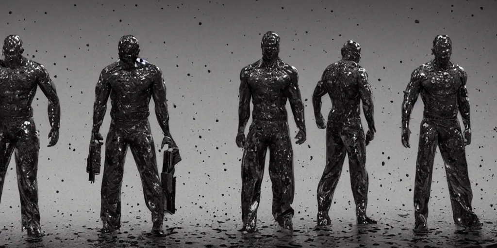 Image similar to figures covered in slick black oil, unreal engine render, ultrarealistic